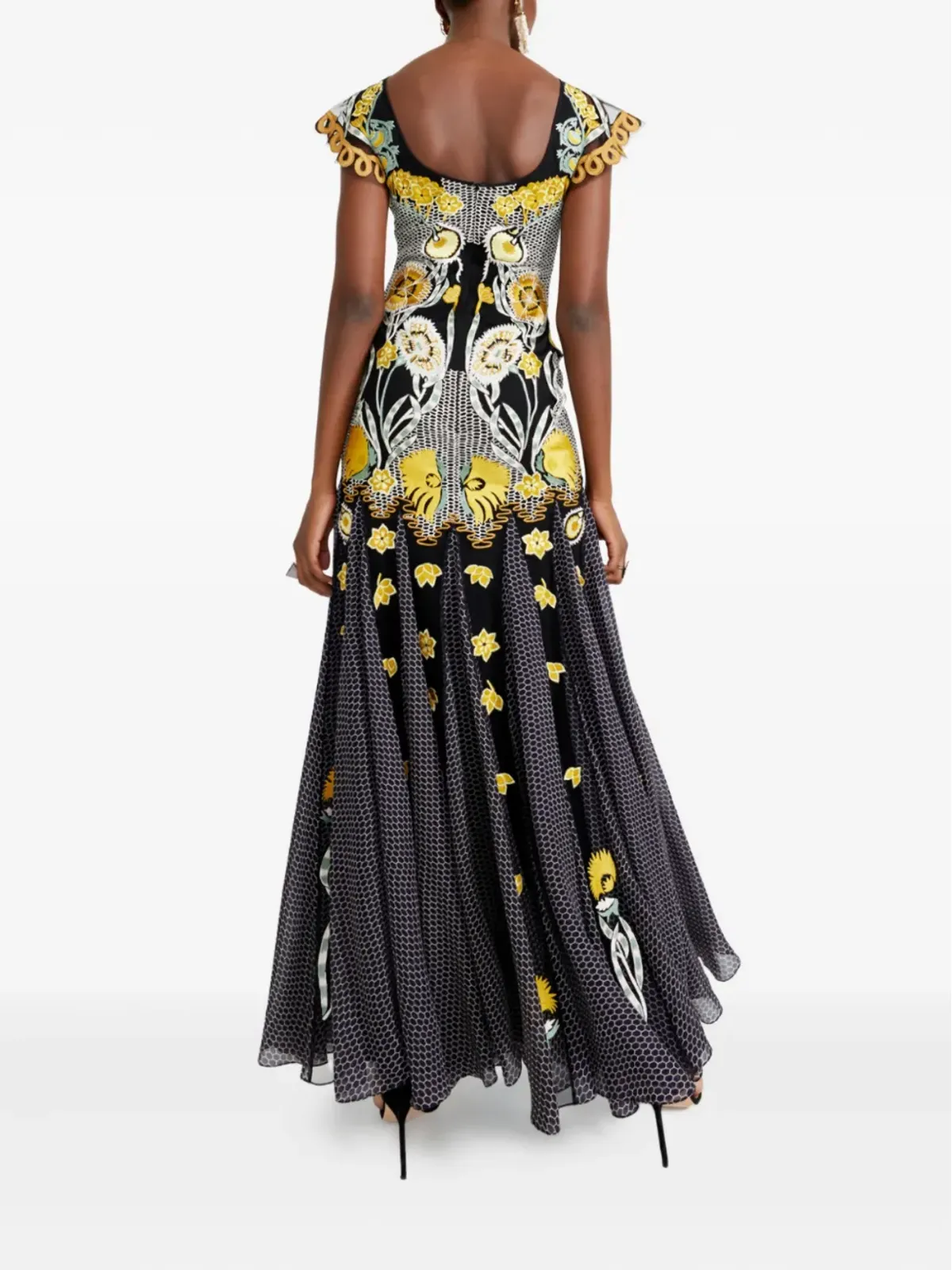 Temperley London 刺繍入りフローラルプリント マキシドレス（ブラック） - 画像4