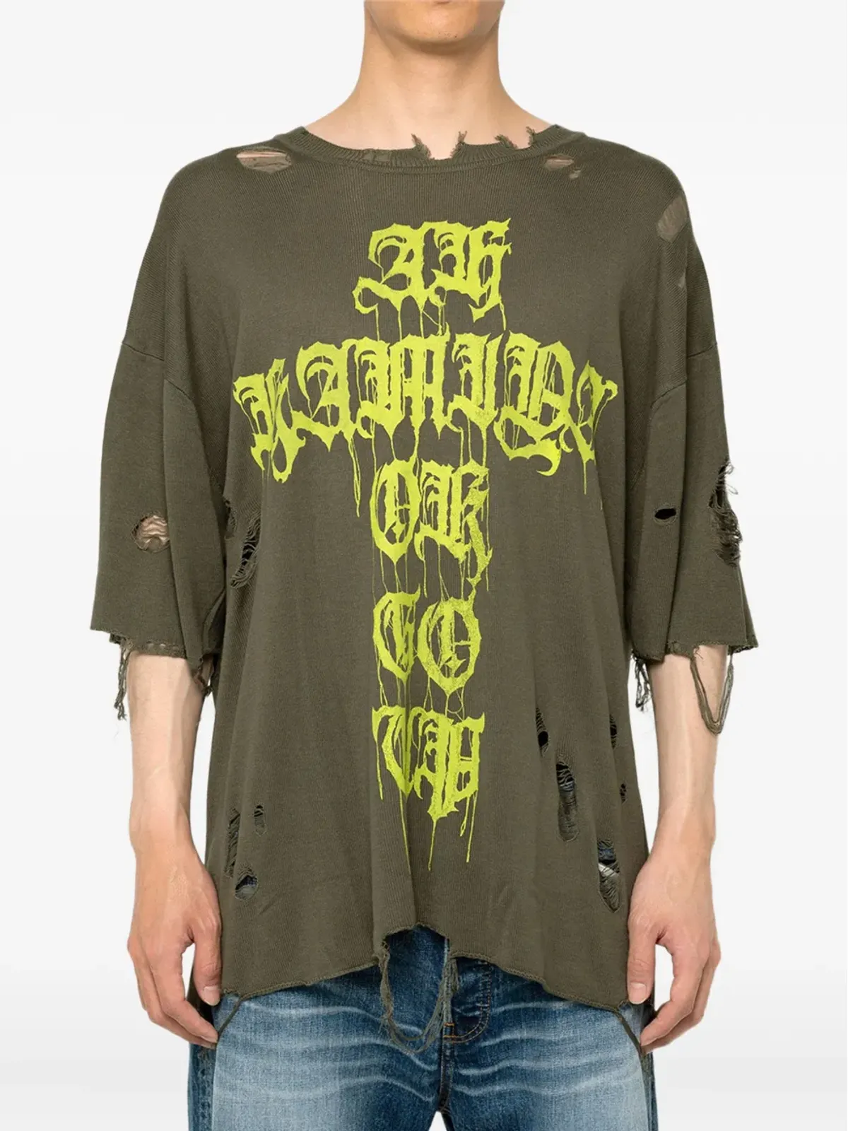 KAMIYA クロスプリント distressed Tシャツ グリーン - 画像2