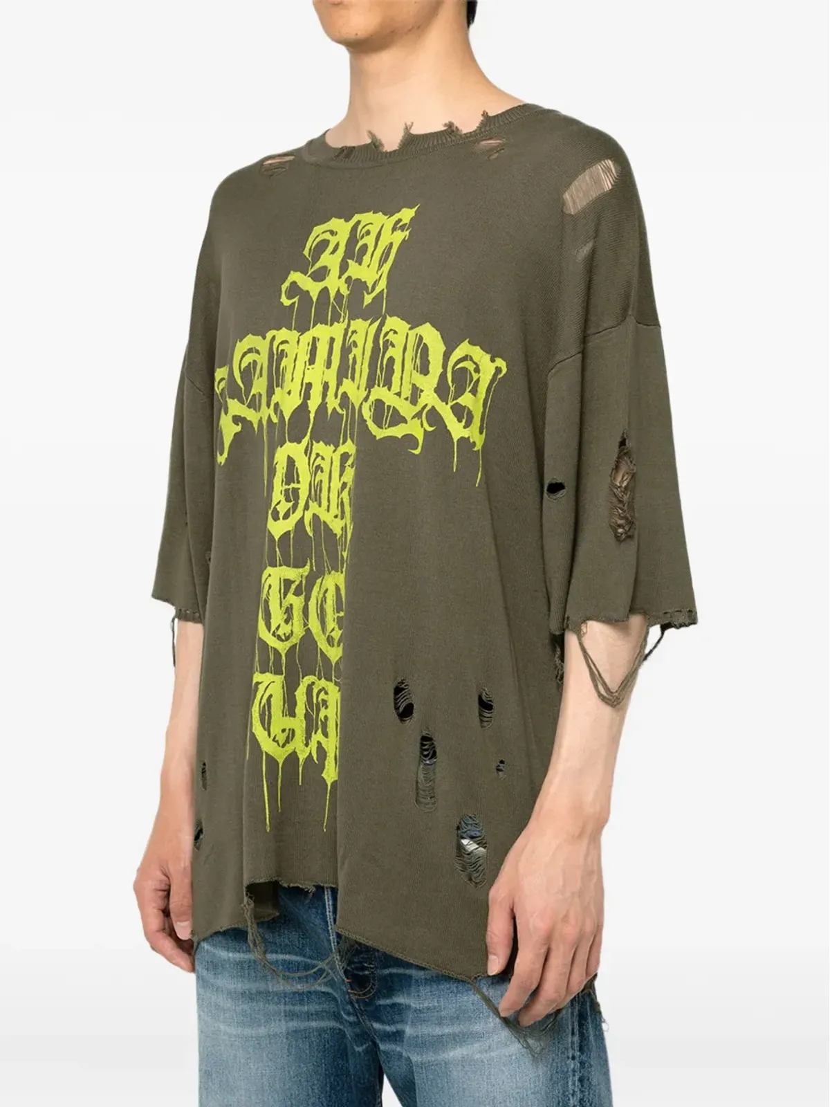 KAMIYA クロスプリント distressed Tシャツ グリーン - 画像3