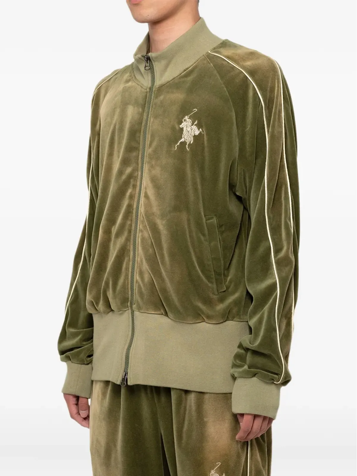 KAMIYA embroidered velour zip-up sport jacket - Green - 画像3