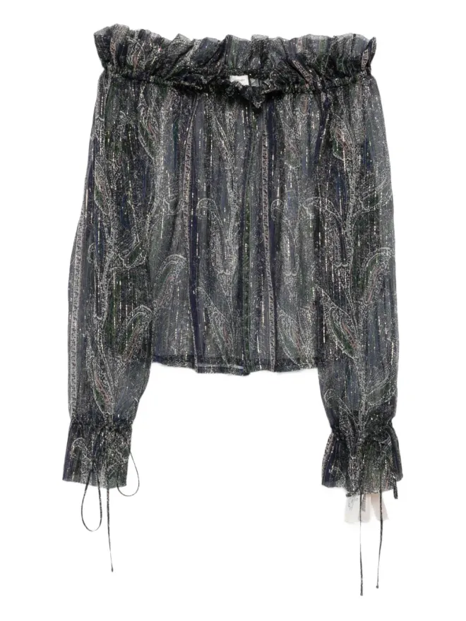 Saint Laurent Pre-Owned Saint Laurent Pre-Owned オフショルダー プリント クレープ ブラウス - ブルーの商品画像