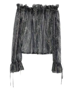 Saint Laurent Pre-Owned オフショルダー プリント クレープ ブラウス - ブルー - サムネイル2