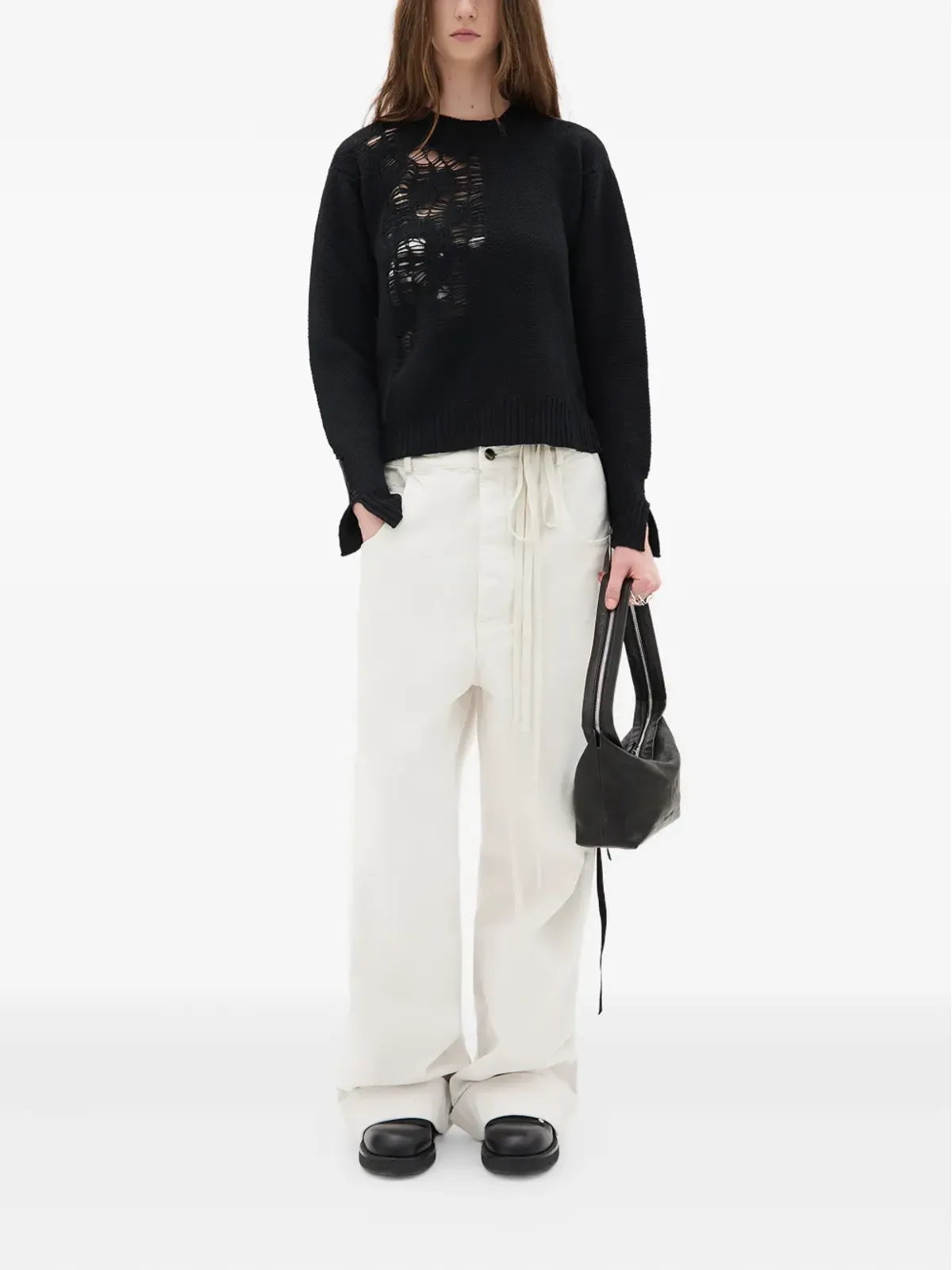 Ann Demeulemeester サイドタイ付き ダメージ加工 ウールセーター - 画像2