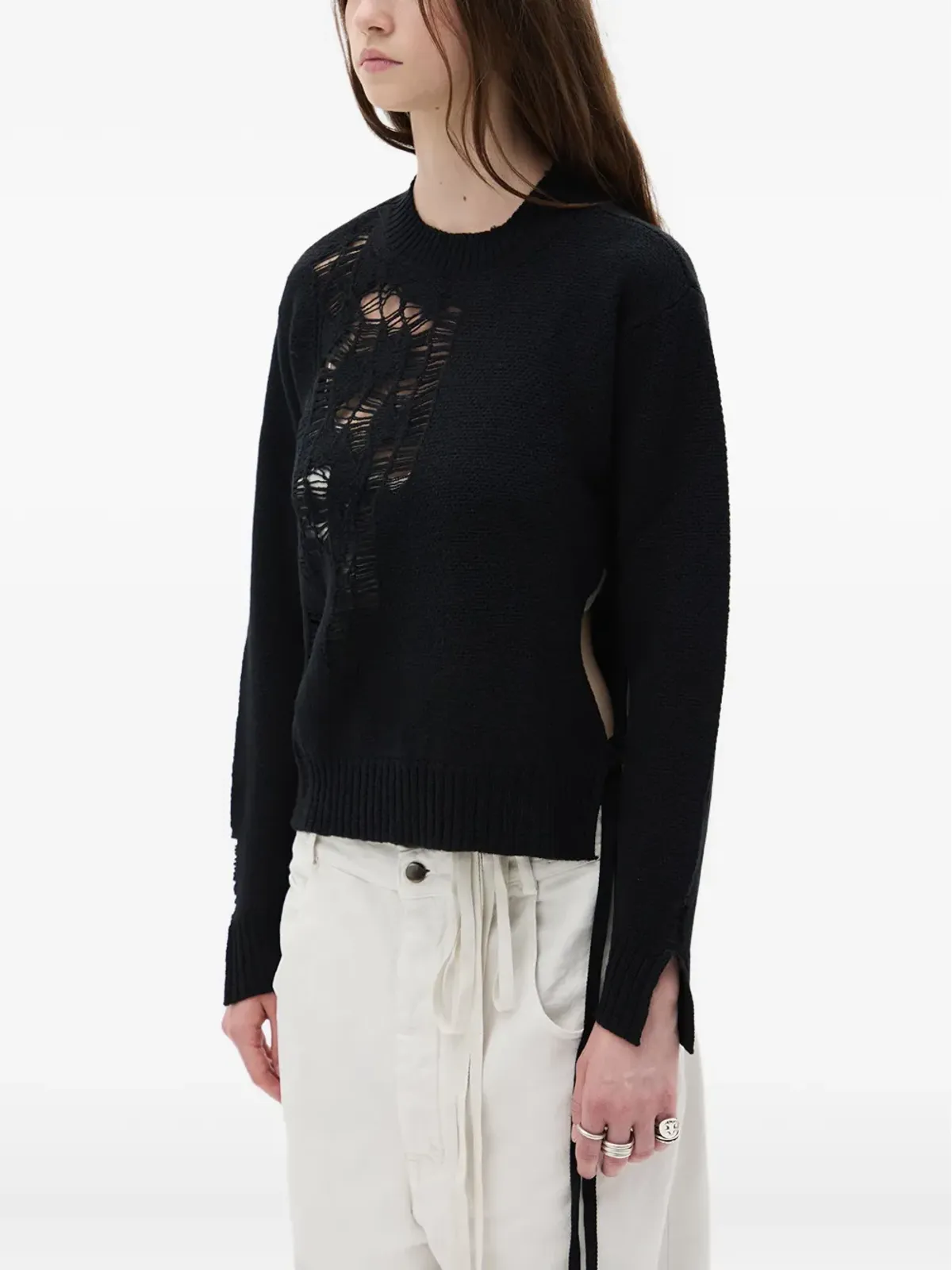 Ann Demeulemeester サイドタイ付き ダメージ加工 ウールセーター - 画像3