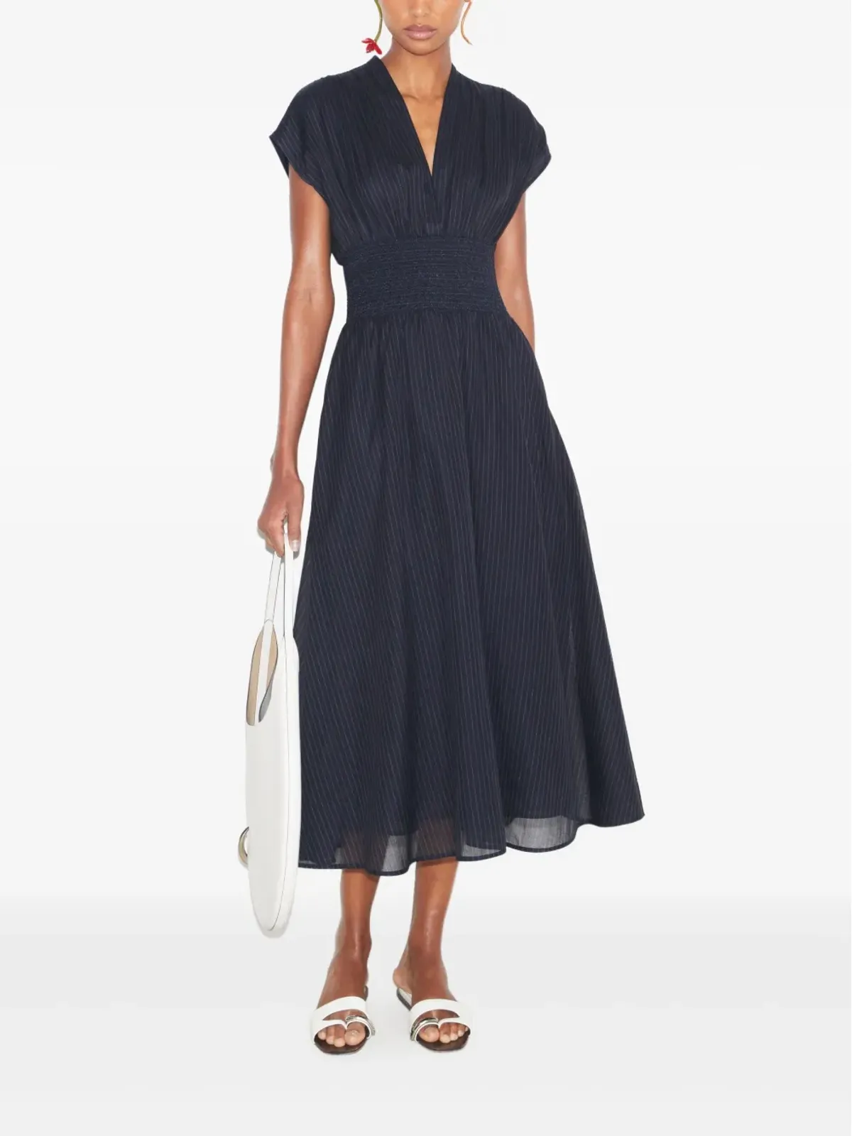 Tory Burch ピンストライプ柄スモックミディドレス - 画像2