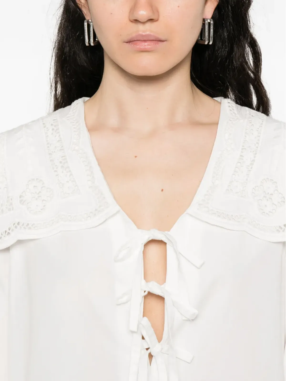 Sea lace-collar tie-front dress - White - 画像5
