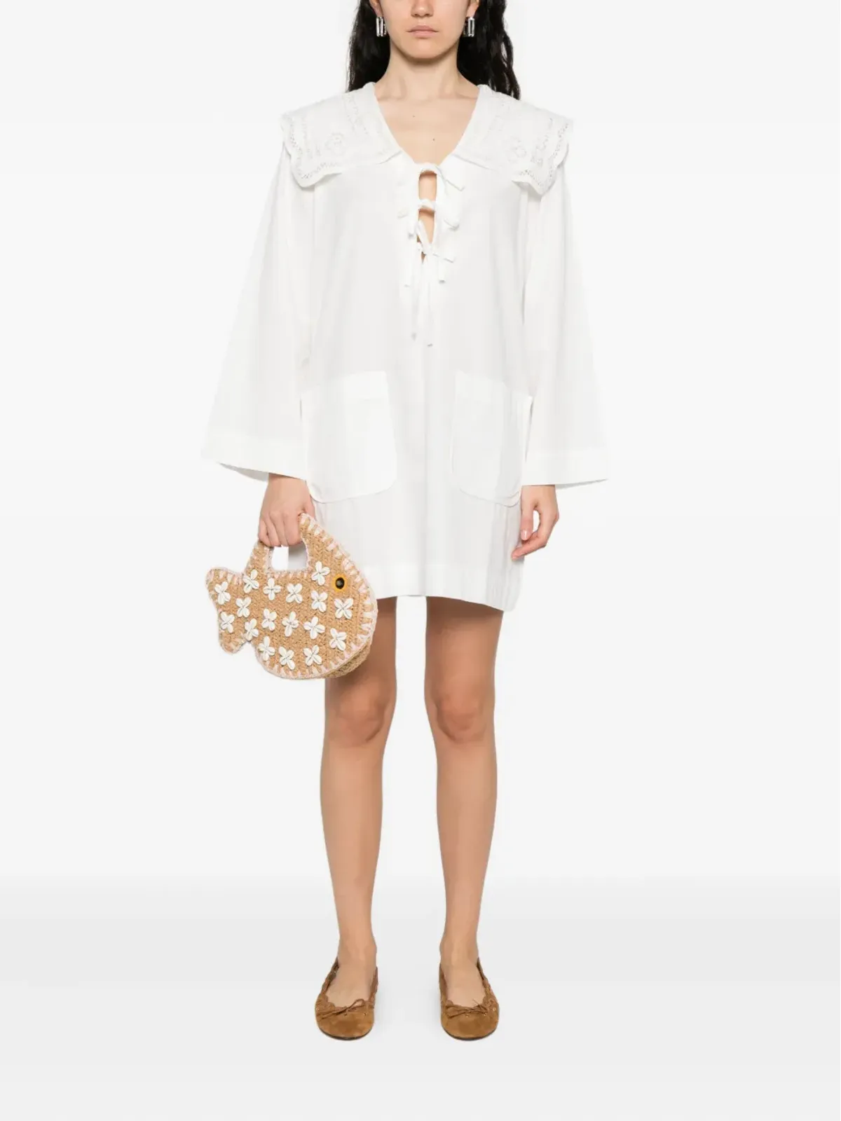 Sea lace-collar tie-front dress - White - 画像2