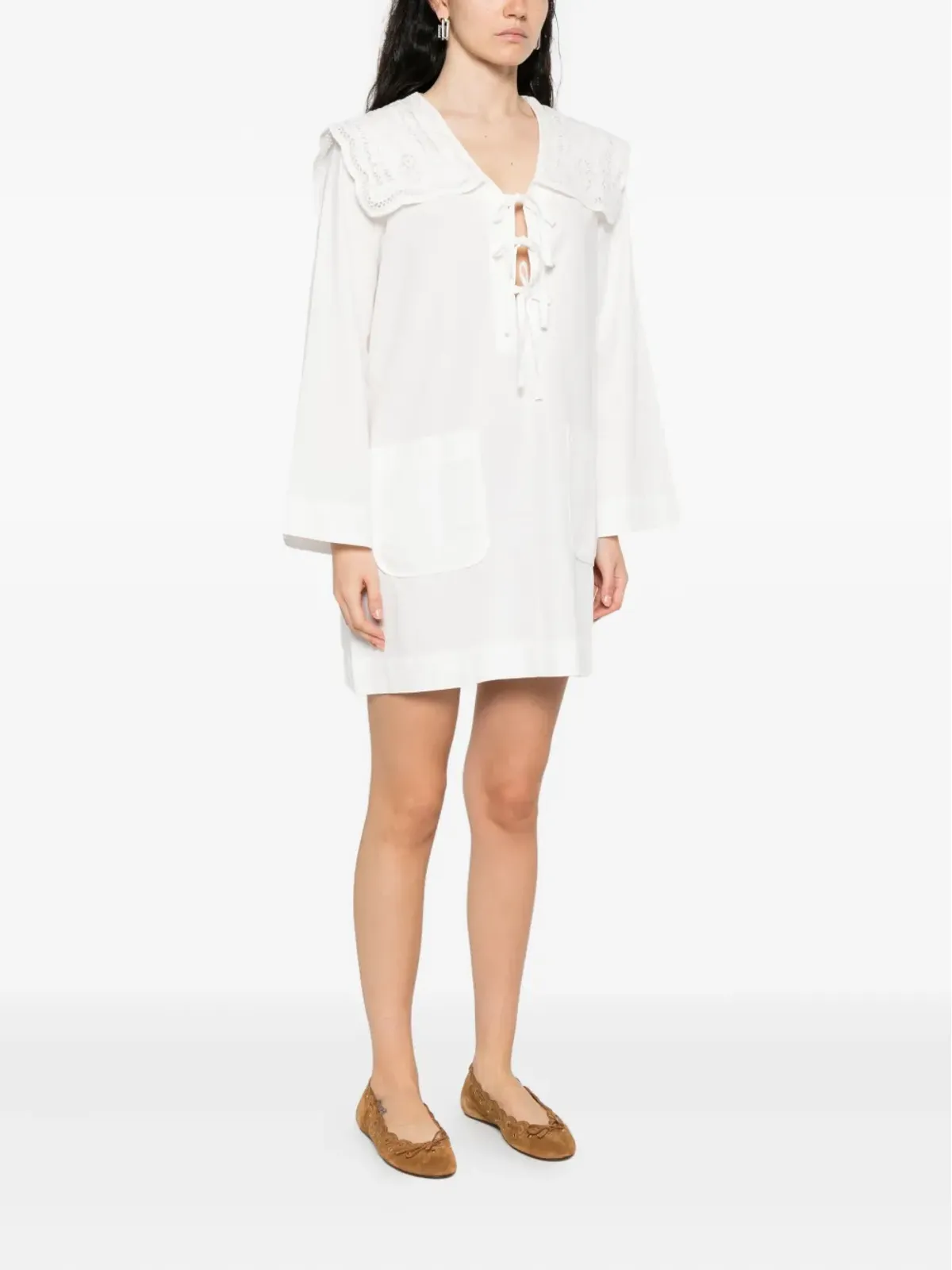 Sea lace-collar tie-front dress - White - 画像3