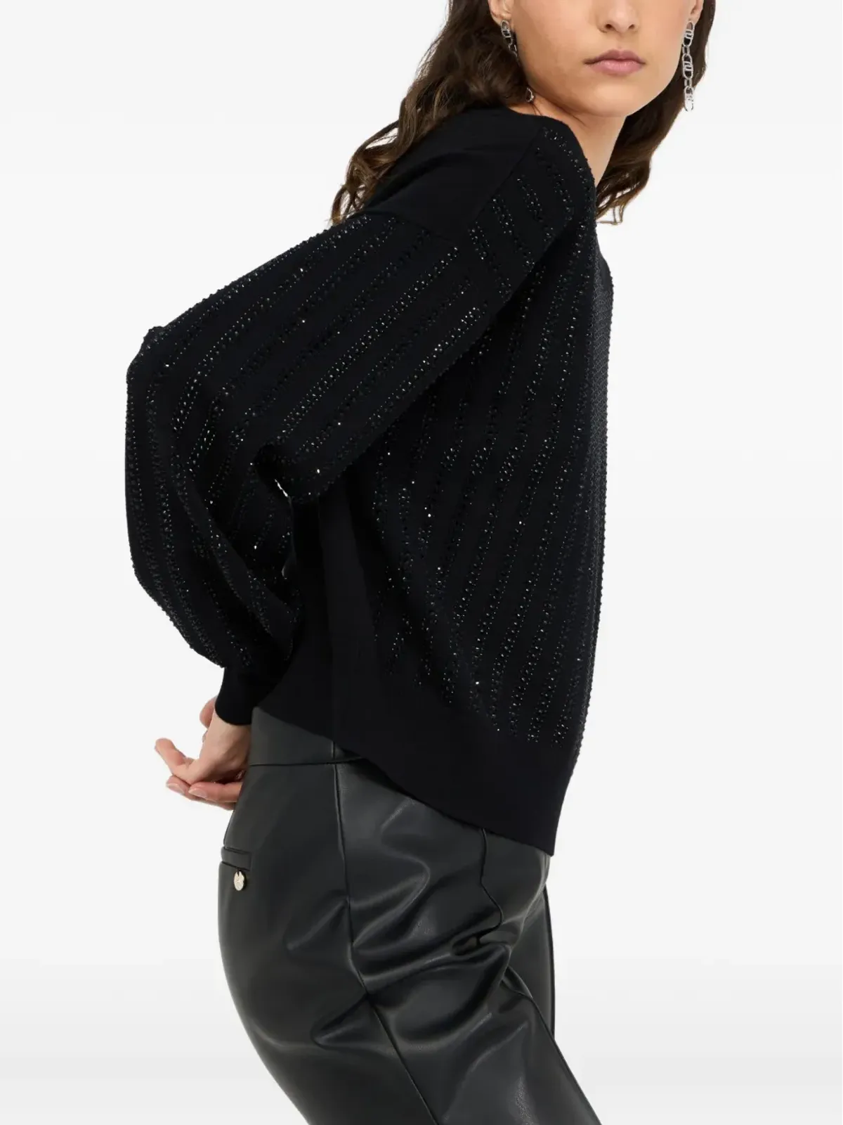 LIU JO rhinestone-embellished puff-sleeve sweater - Black - 画像4