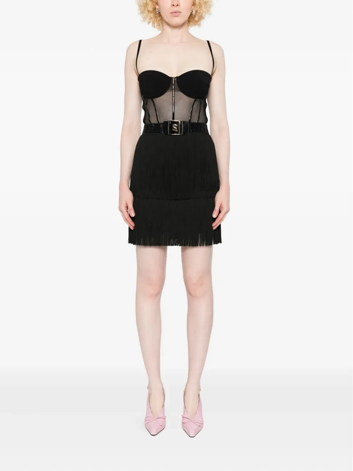 Elisabetta Franchi チュールメッシュパネルフリンジドレス - 画像2