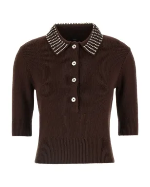 PINKO rhinestone-collar short-sleeved top - Brown - サムネイル1