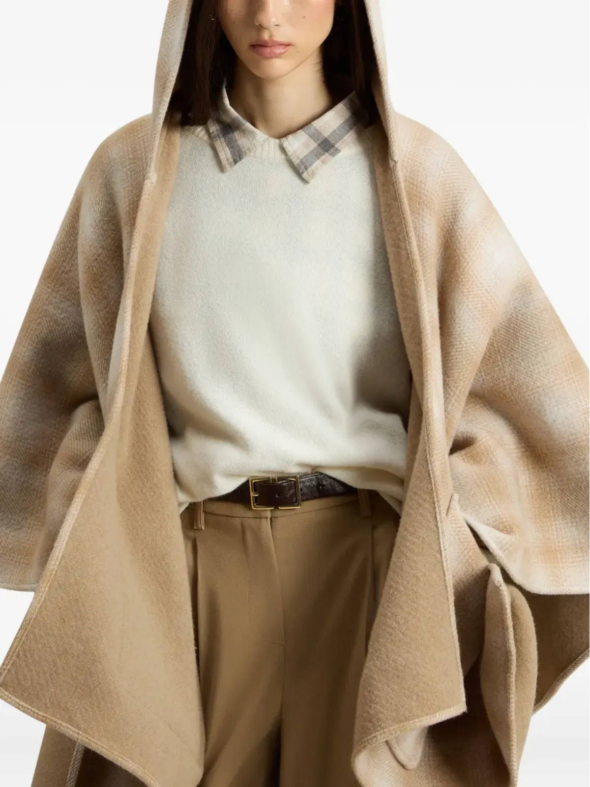Woolrich フード付きチェック柄ケープ - 画像3