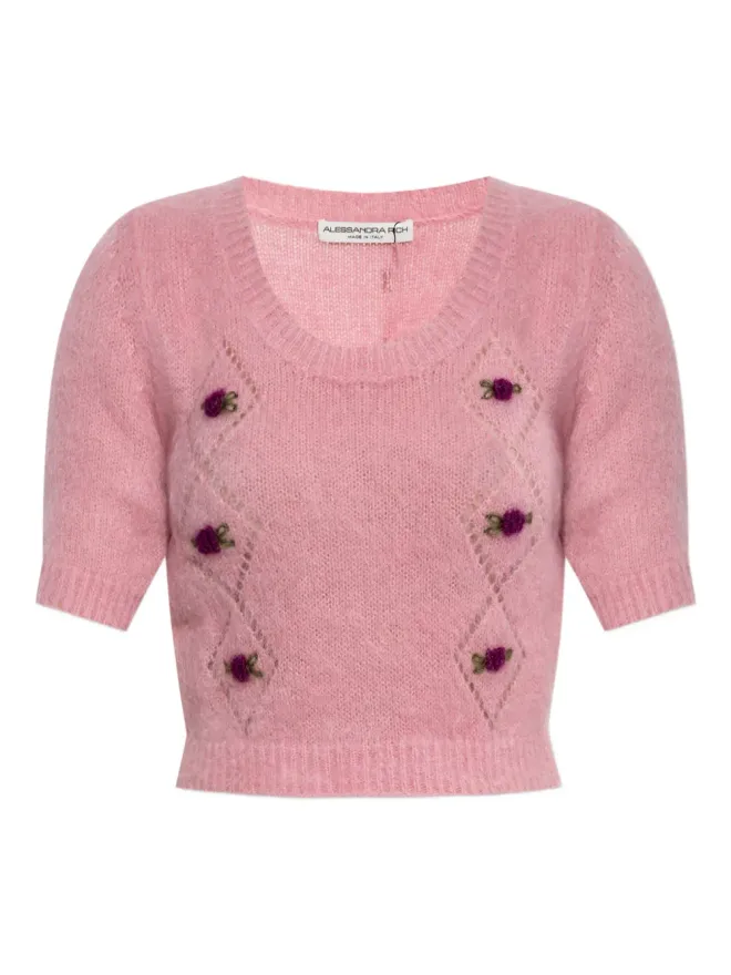 Alessandra Rich Alessandra Rich ローズ刺繍入り半袖Tシャツの商品画像
