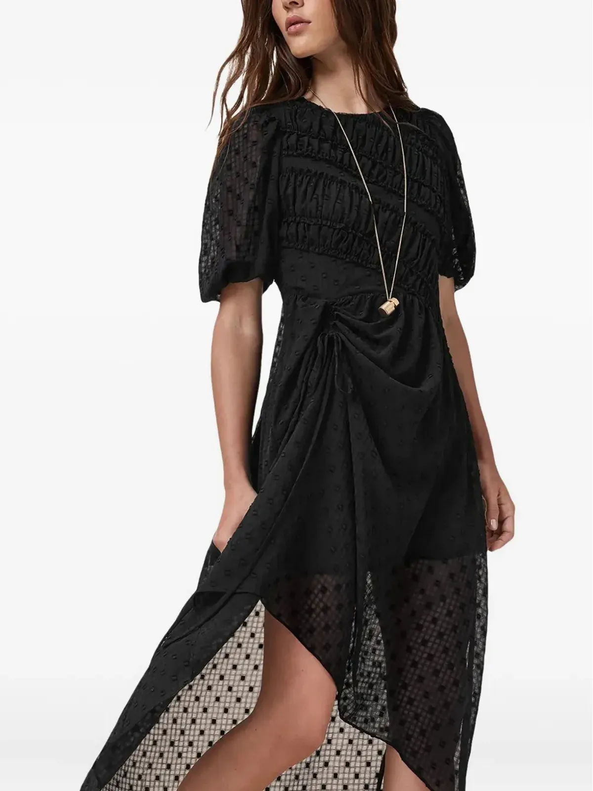 AllSaints Serene パフスリーブ テクスチャード ミディドレス - 画像5