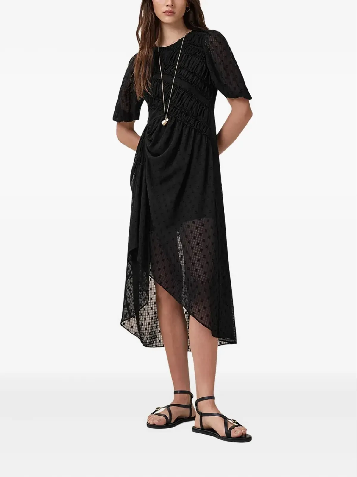 AllSaints Serene パフスリーブ テクスチャード ミディドレス - 画像2
