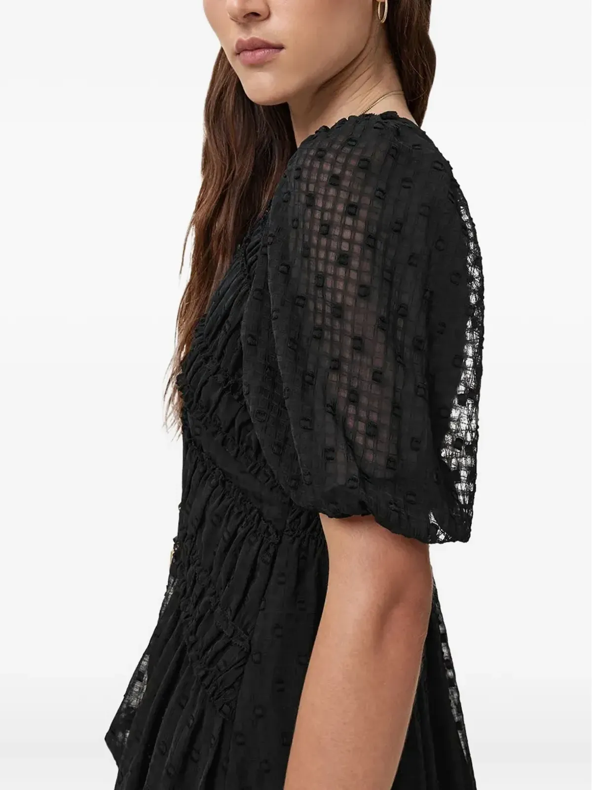 AllSaints Serene パフスリーブ テクスチャード ミディドレス - 画像4
