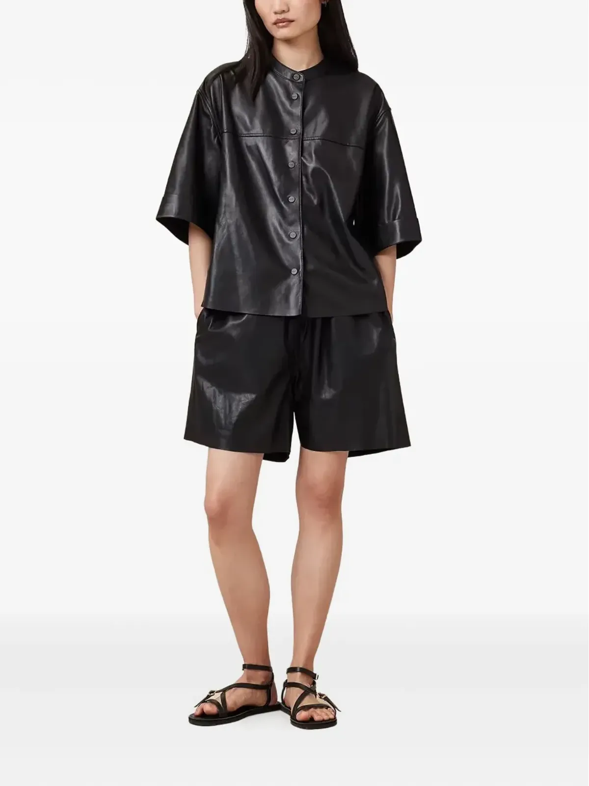 AllSaints Arla Lea エラスティックウエスト レザーショーツ - ブラック - 画像2