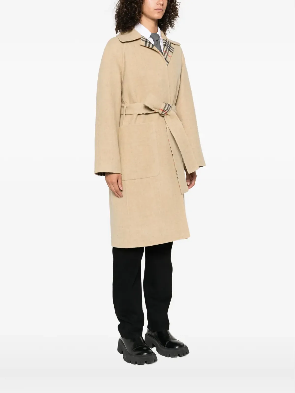 Burberry チェック柄裏地のベルト付きコート - 画像3