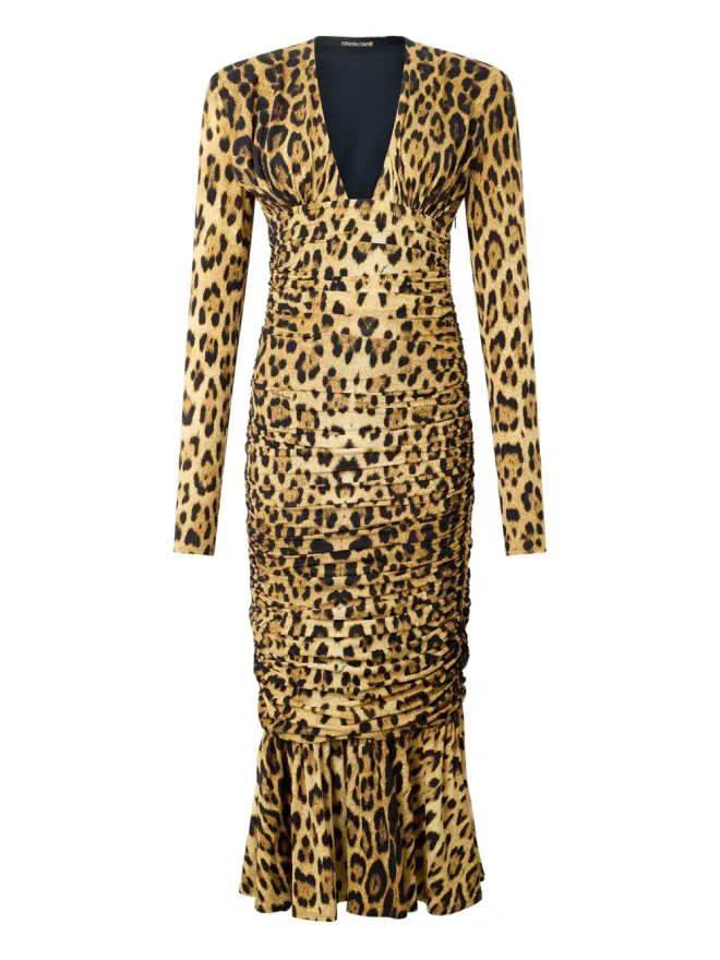 Roberto Cavalli Roberto Cavalli シャーリング入りレオパード柄ミディドレスの商品画像