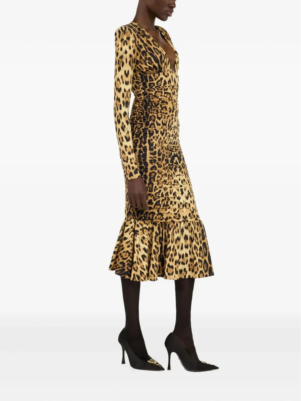 Roberto Cavalli シャーリング入りレオパード柄ミディドレス - 画像2