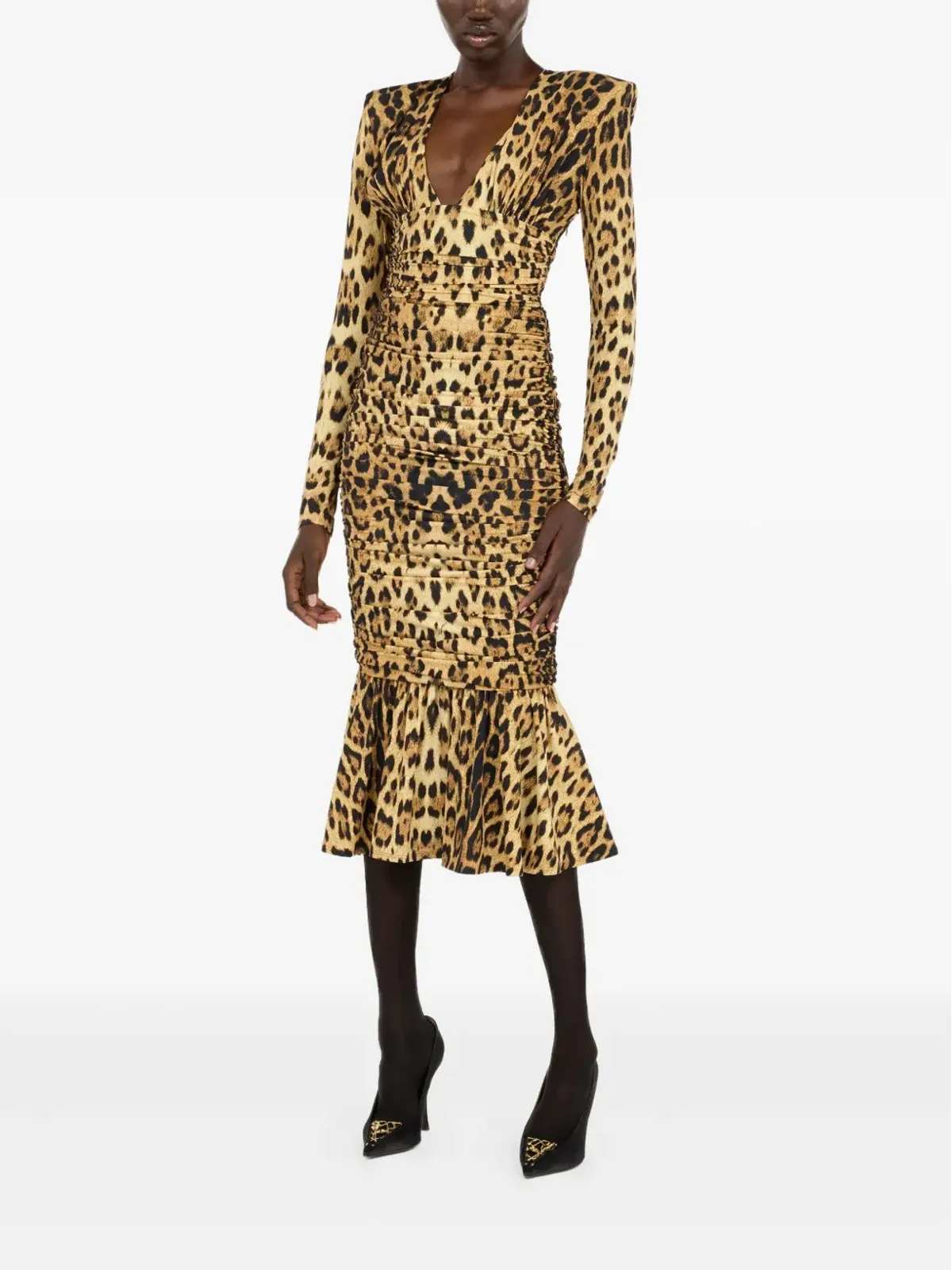 Roberto Cavalli シャーリング入りレオパード柄ミディドレス - 画像3