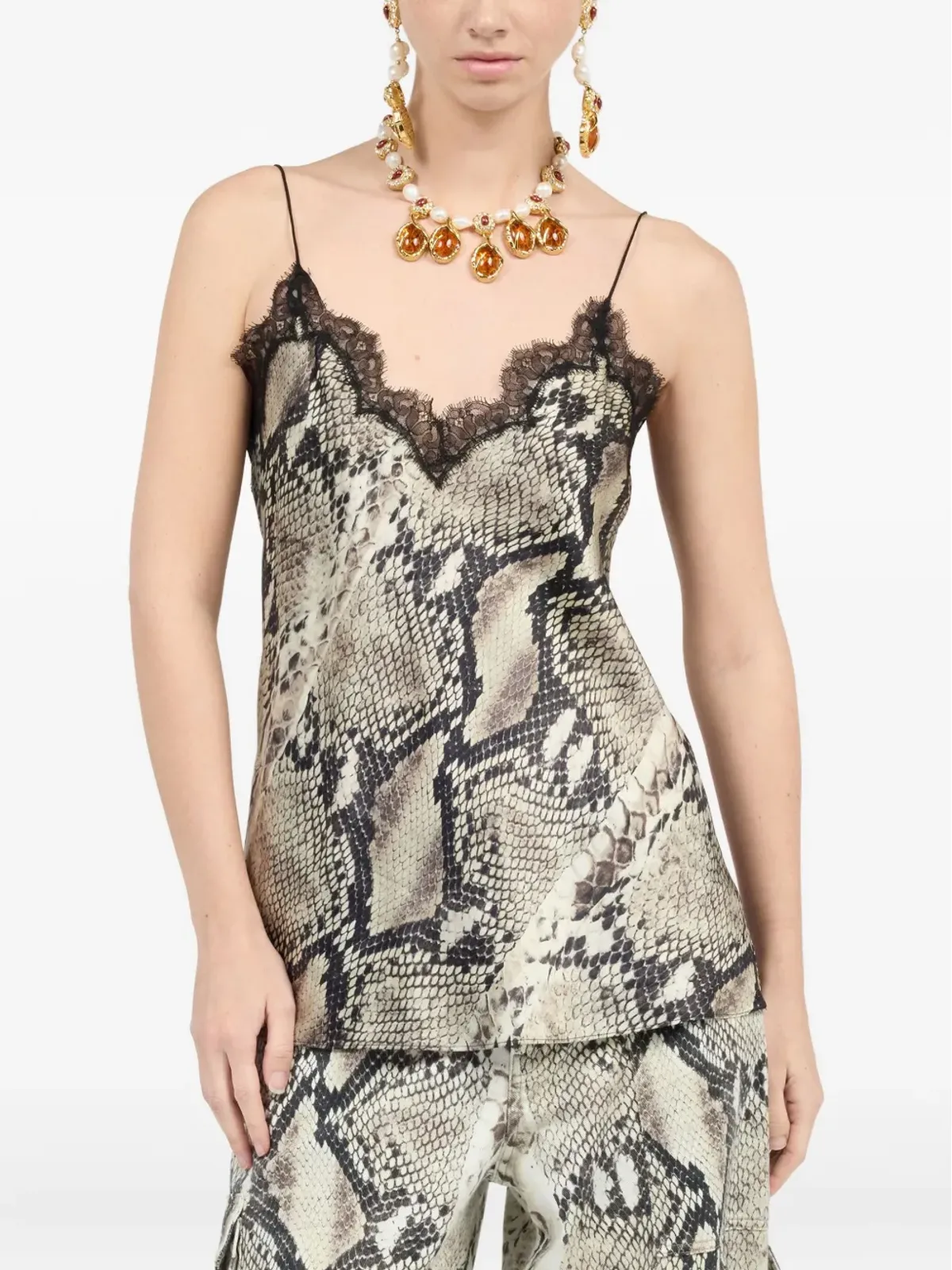 Roberto Cavalli 蛇柄レーストリムトップ - 画像3