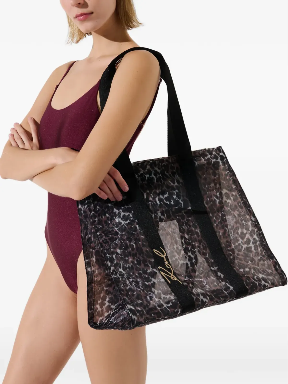Karl Lagerfeld K/Signature レオパード柄ビーチバッグ（ブラック） - 画像2