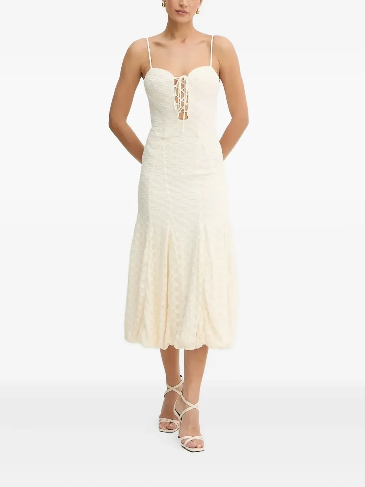 Bardot lace-up floral midi dress - White - 画像1
