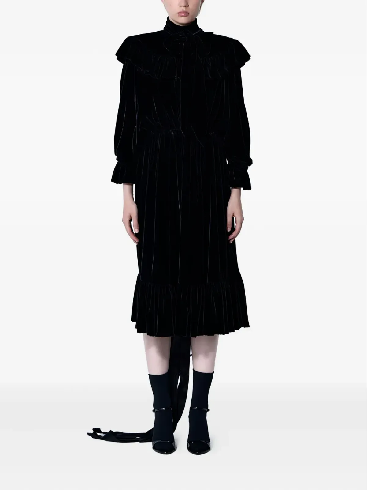 Balenciaga フリル付きレースアップミディドレス ブラック - 画像2