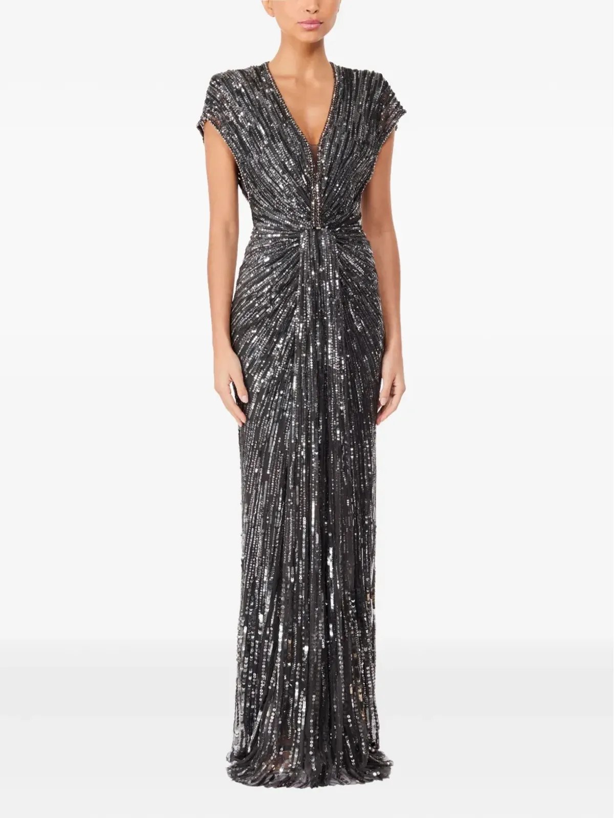 Jenny Packham Zola シークイン装飾Vネック マキシドレス グレー - 画像2