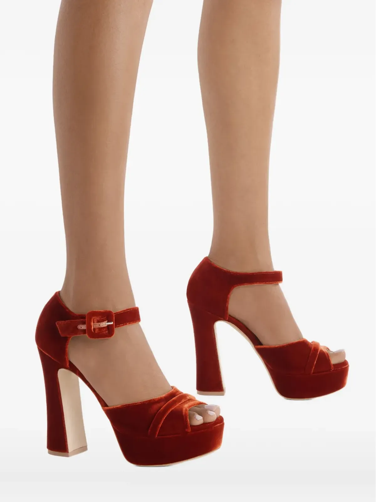 Malone Souliers 125mm ユリバックル ベルベット プラットフォームヒール サンダル (オレンジ) - 画像5
