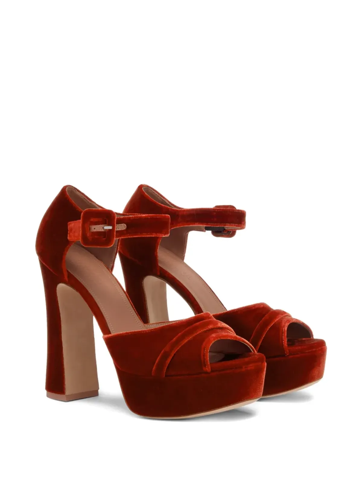 Malone Souliers 125mm ユリバックル ベルベット プラットフォームヒール サンダル (オレンジ) - 画像2