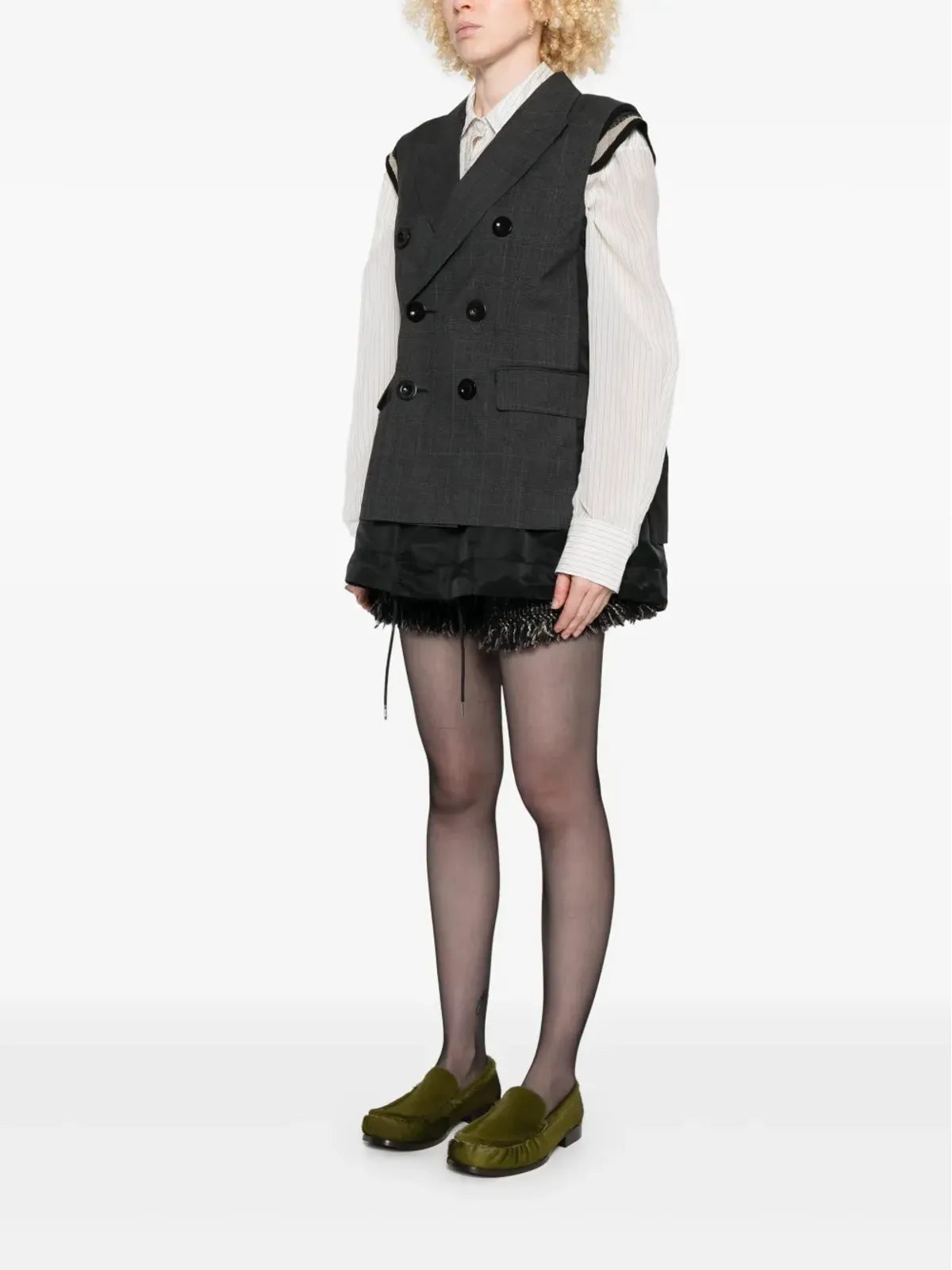 sacai グレン ダブルブレスト チェックベスト - 画像3
