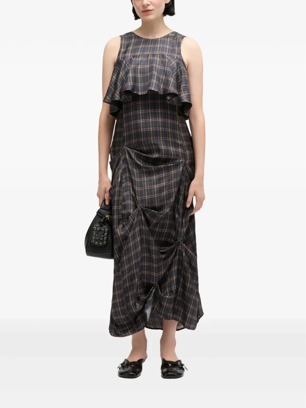 GANNI ruffled checked midi dress - Grey - 画像2