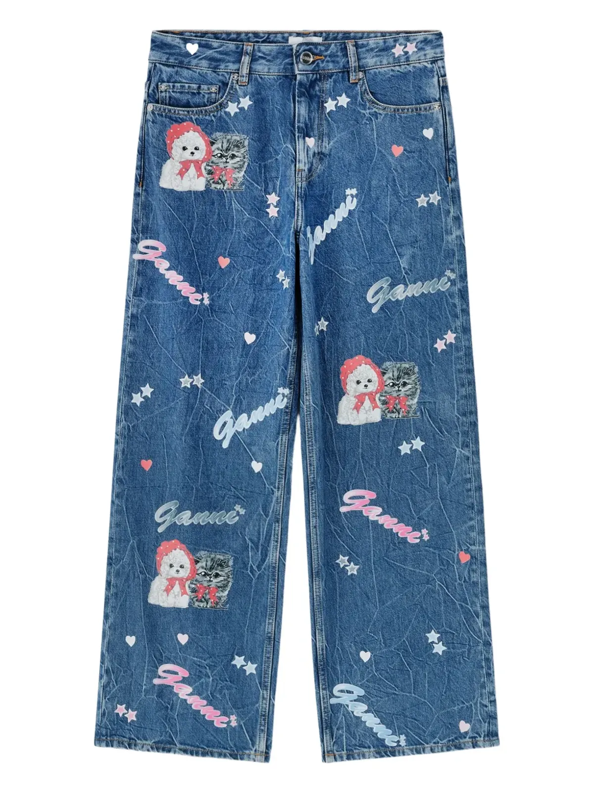 GANNI 猫プリント星モチーフの刺繍デニムジーンズ - ブルー - 画像1