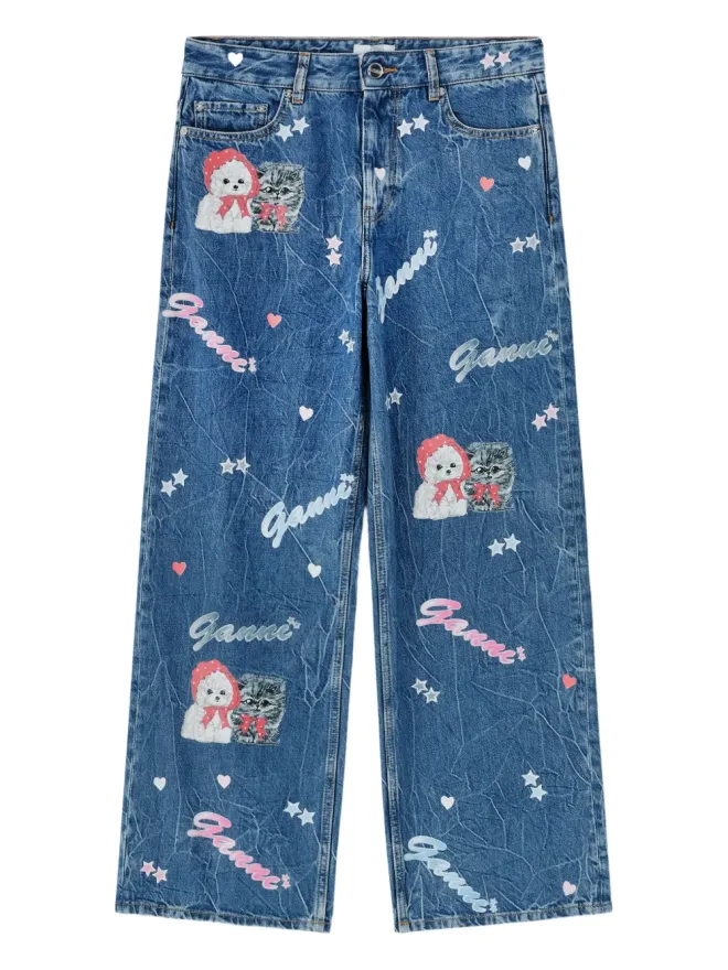 Ganni GANNI 猫プリント星モチーフの刺繍デニムジーンズ - ブルーの商品画像