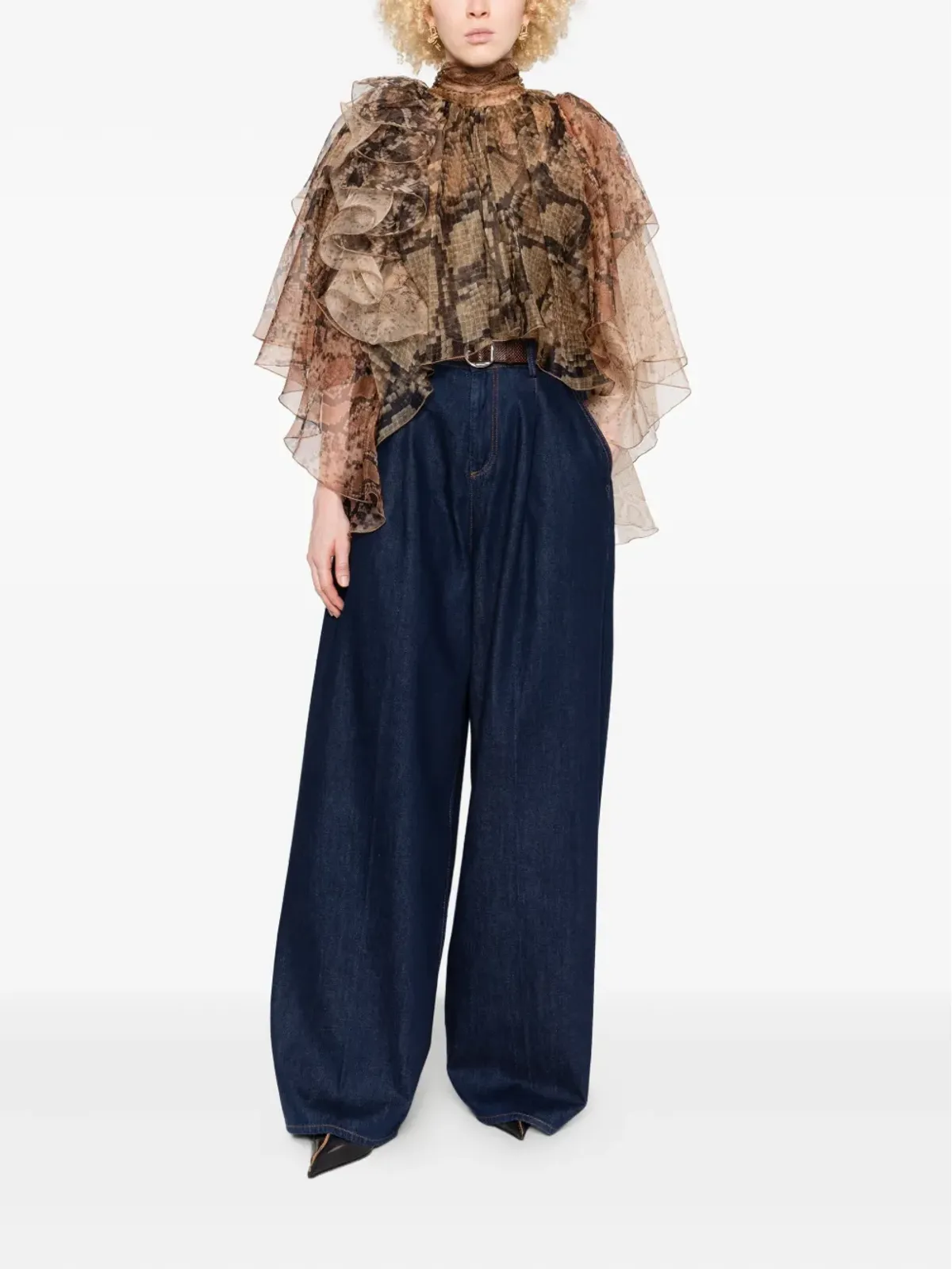 ZIMMERMANN ブラウンのフリル蛇柄プリント ブラウス - 画像2