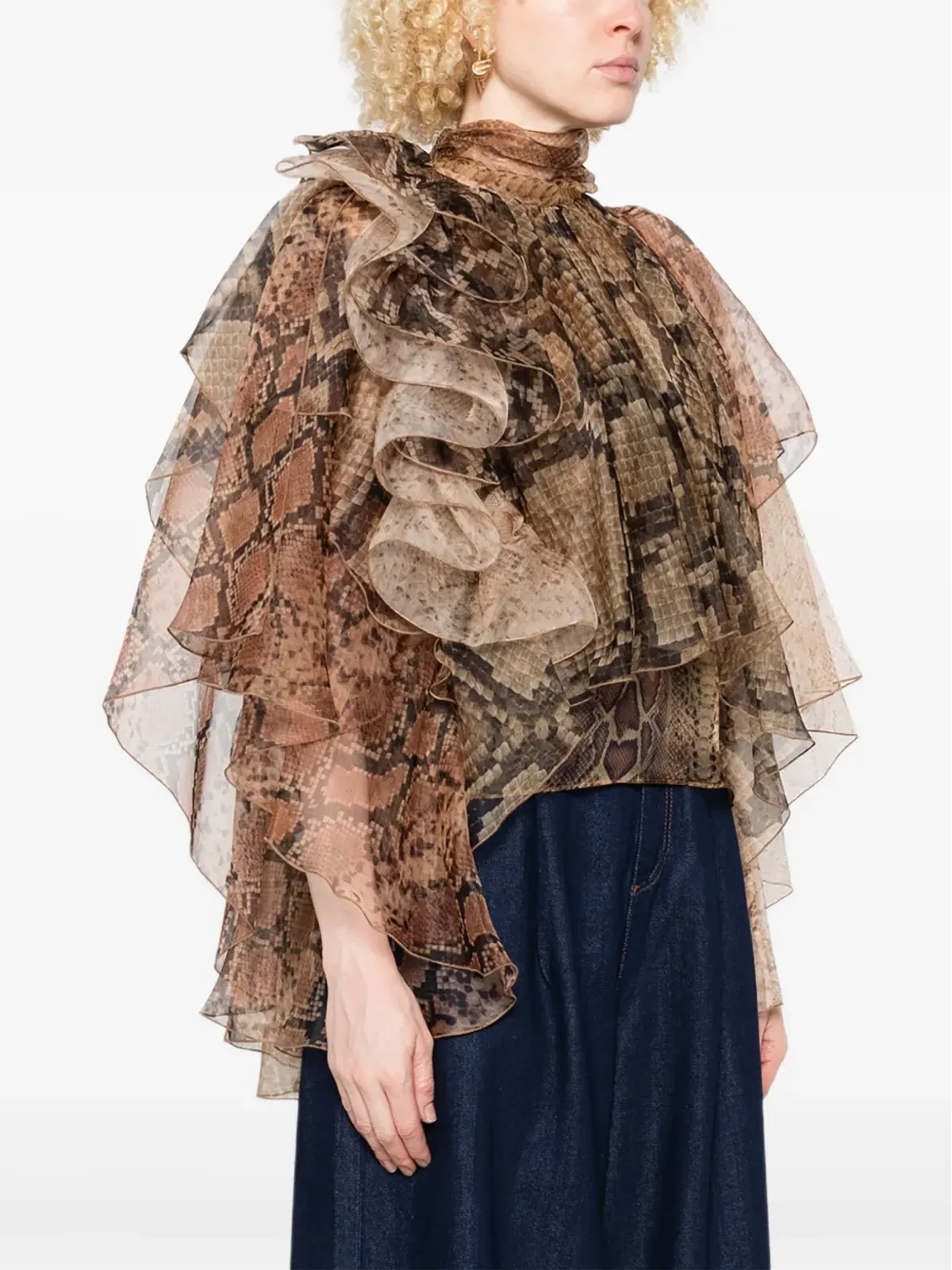ZIMMERMANN ブラウンのフリル蛇柄プリント ブラウス - 画像3