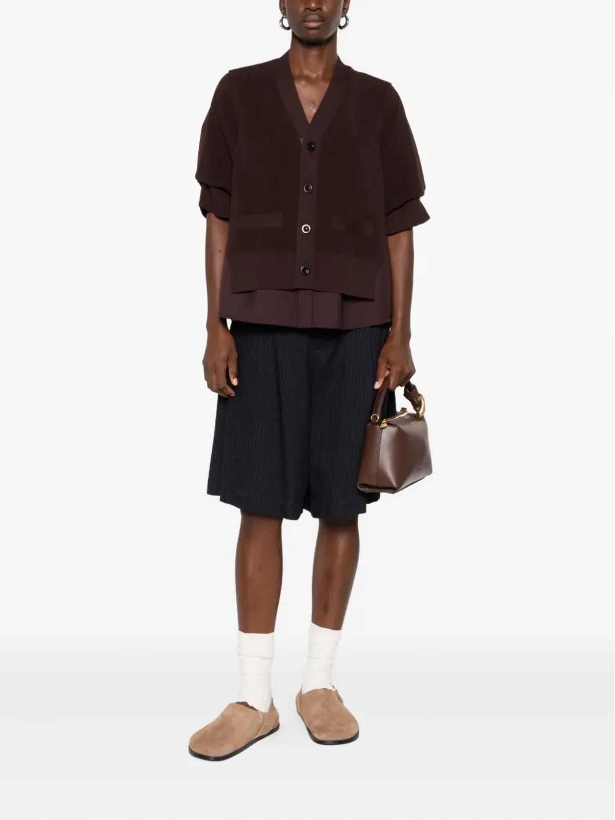 sacai ボタンフロント レイヤード カーディガン - Brown - 画像2