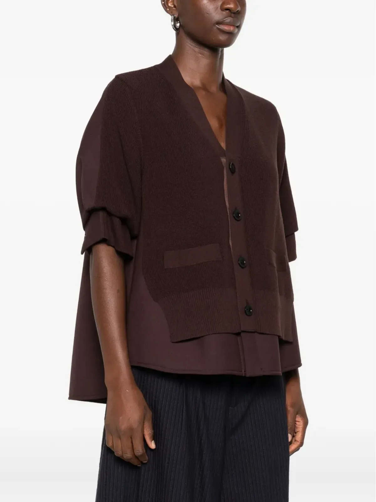 sacai ボタンフロント レイヤード カーディガン - Brown - 画像3