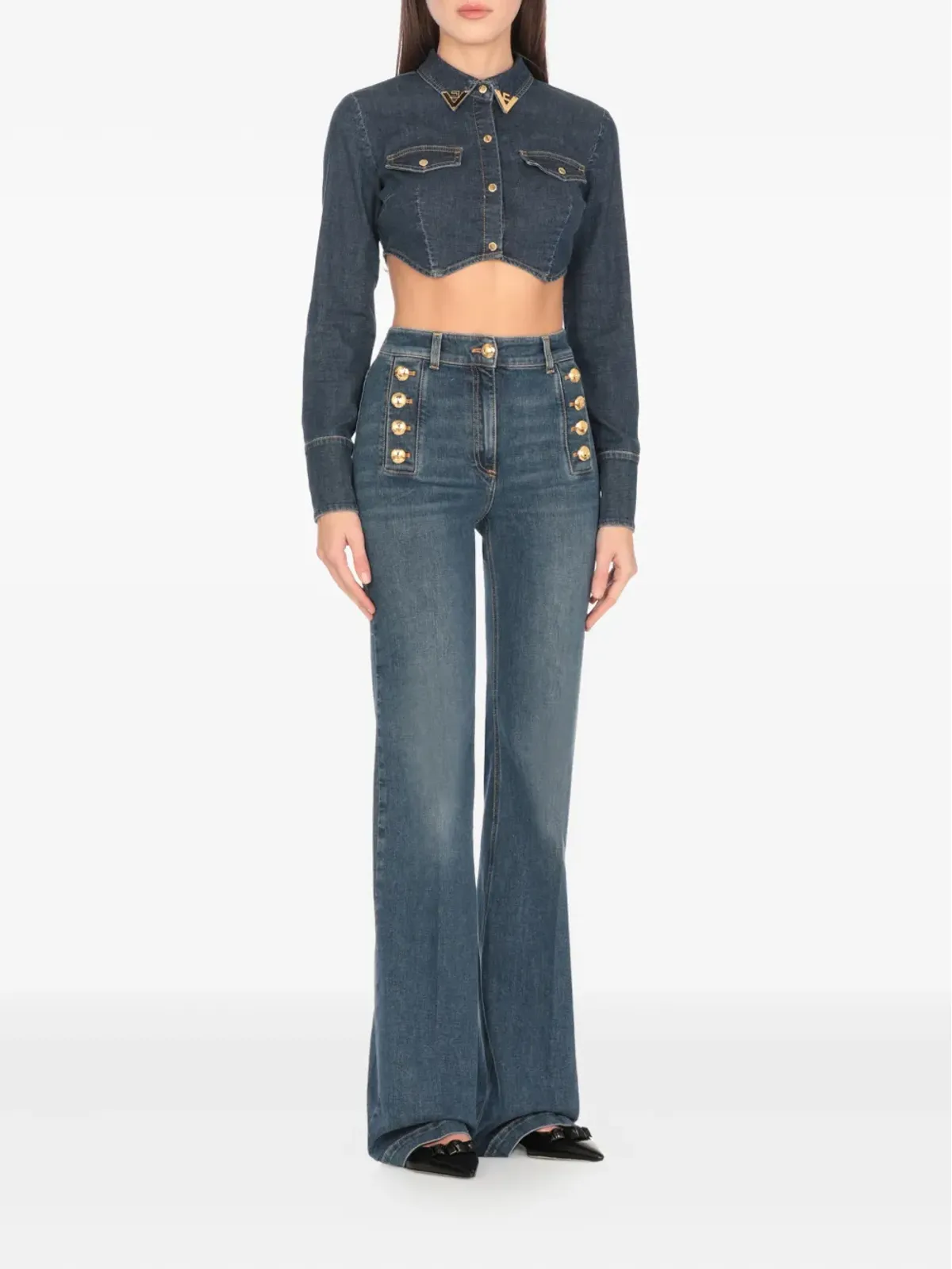 Elisabetta Franchi クロップド ゴールドカラー デニムトップ - ブルー - 画像3