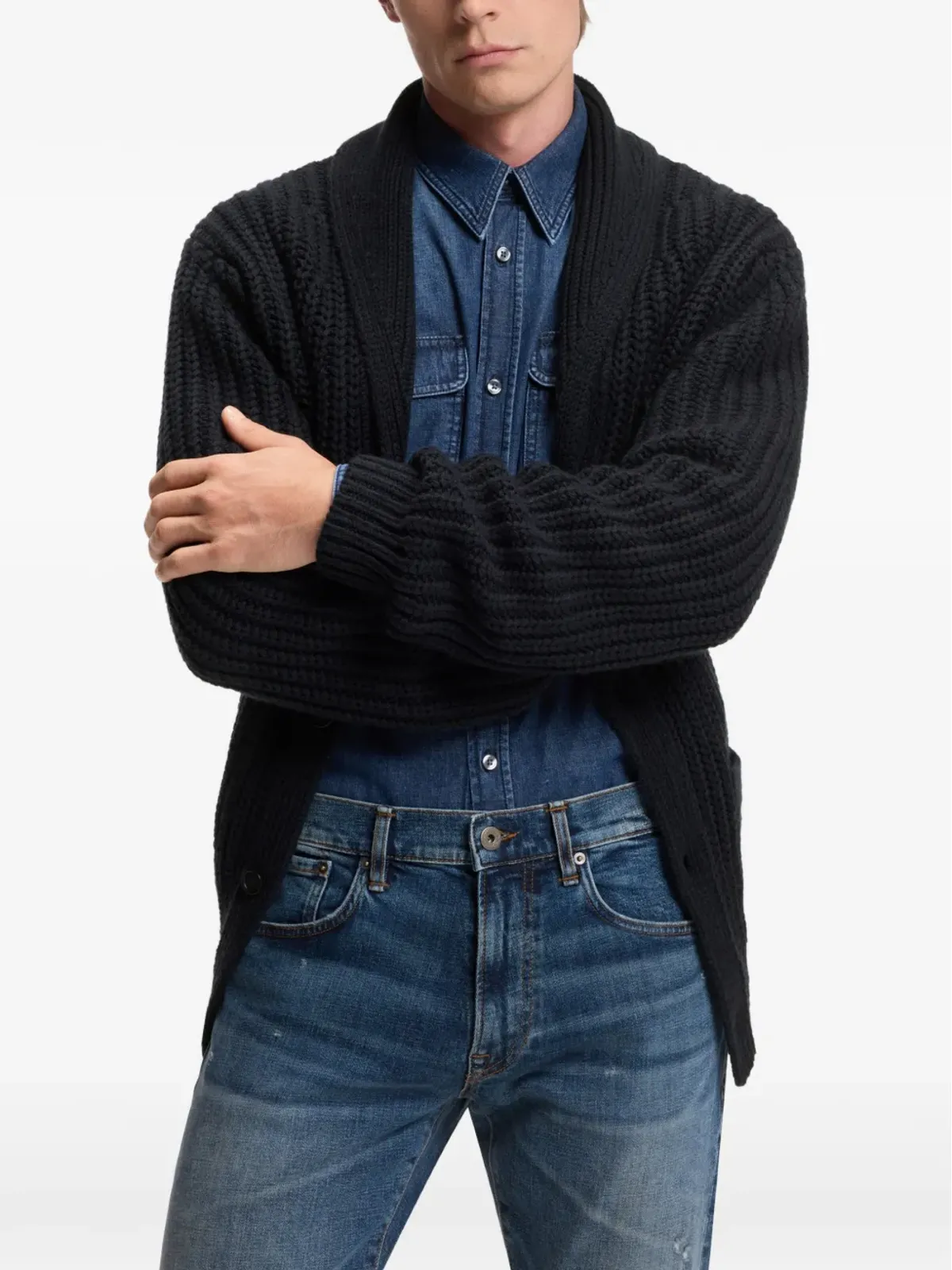 BOSS リブ編みショールカラー カーディガン - ブルー - 画像5