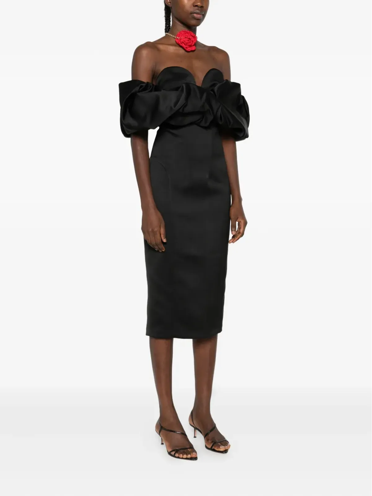 Elisabetta Franchi オフショルダーフリルミディドレス - 画像3