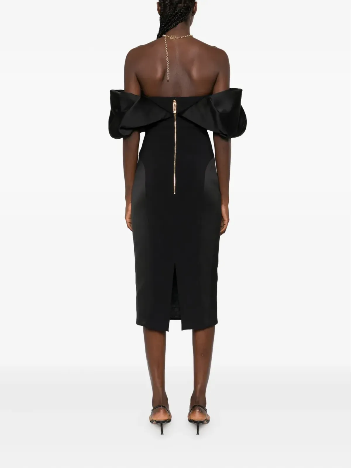 Elisabetta Franchi オフショルダーフリルミディドレス - 画像4