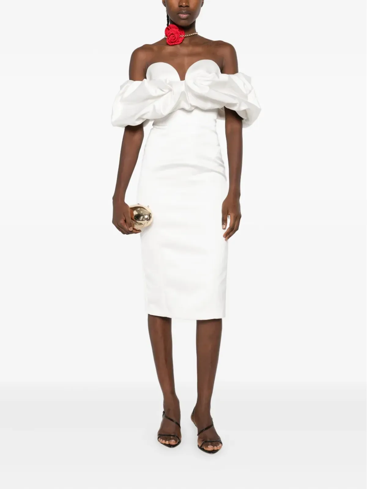 Elisabetta Franchi オフショルダー パフスリーブ ミディドレス - 画像2