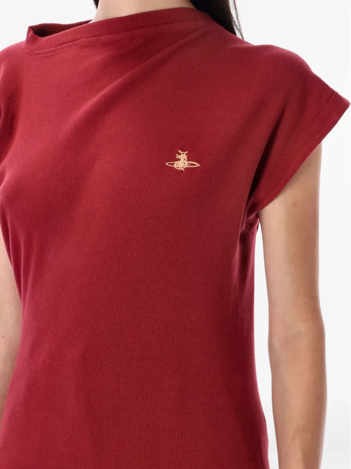 Vivienne Westwood ヘボ アシンメトリックネック リブ編みセーター レッド - 画像3