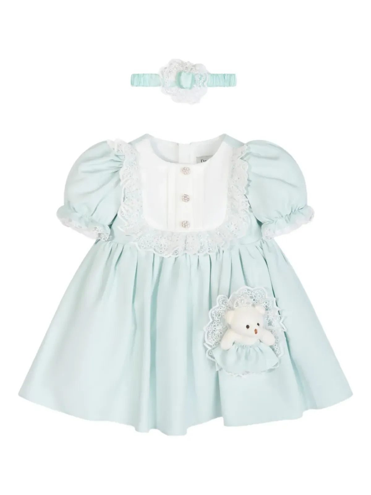 Dress & Fleur テディベアアップリケ レーストリム ドレスセット - ブルー - 画像1