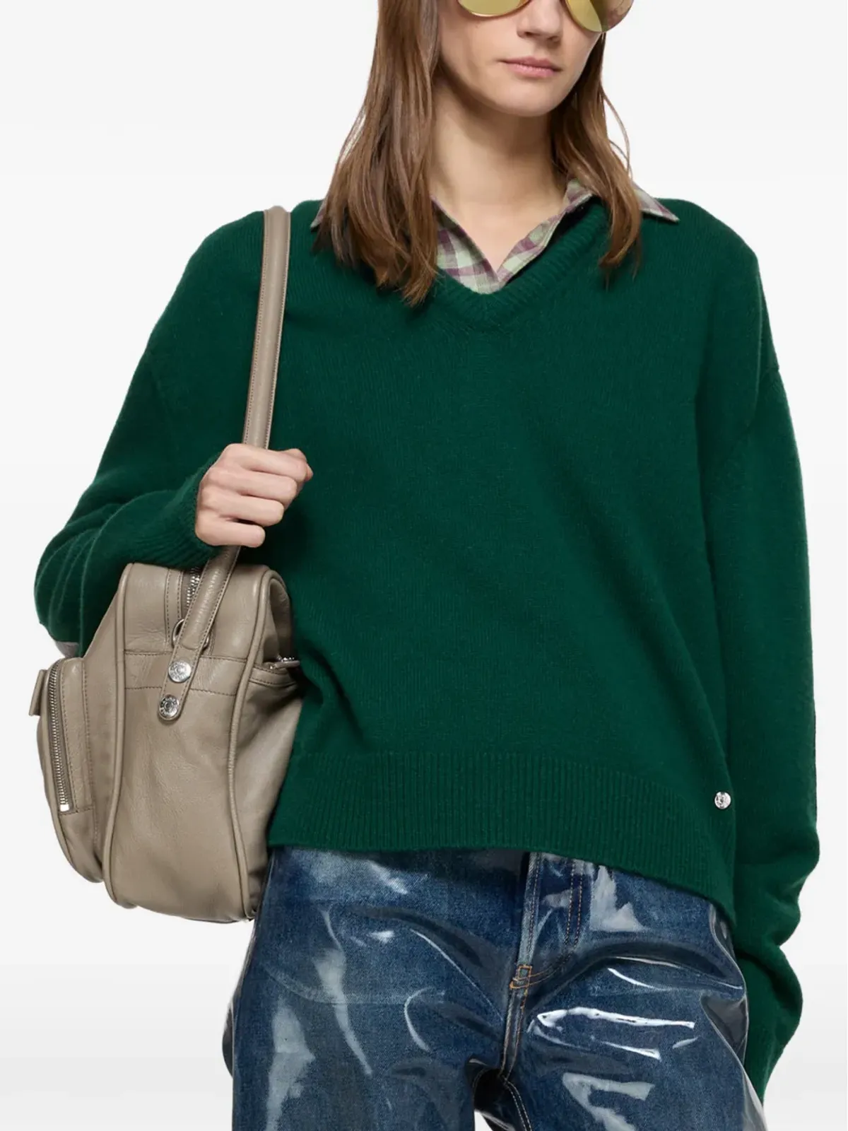 Acne Studios Vネック レザーパッチ セーター - グリーン - 画像4
