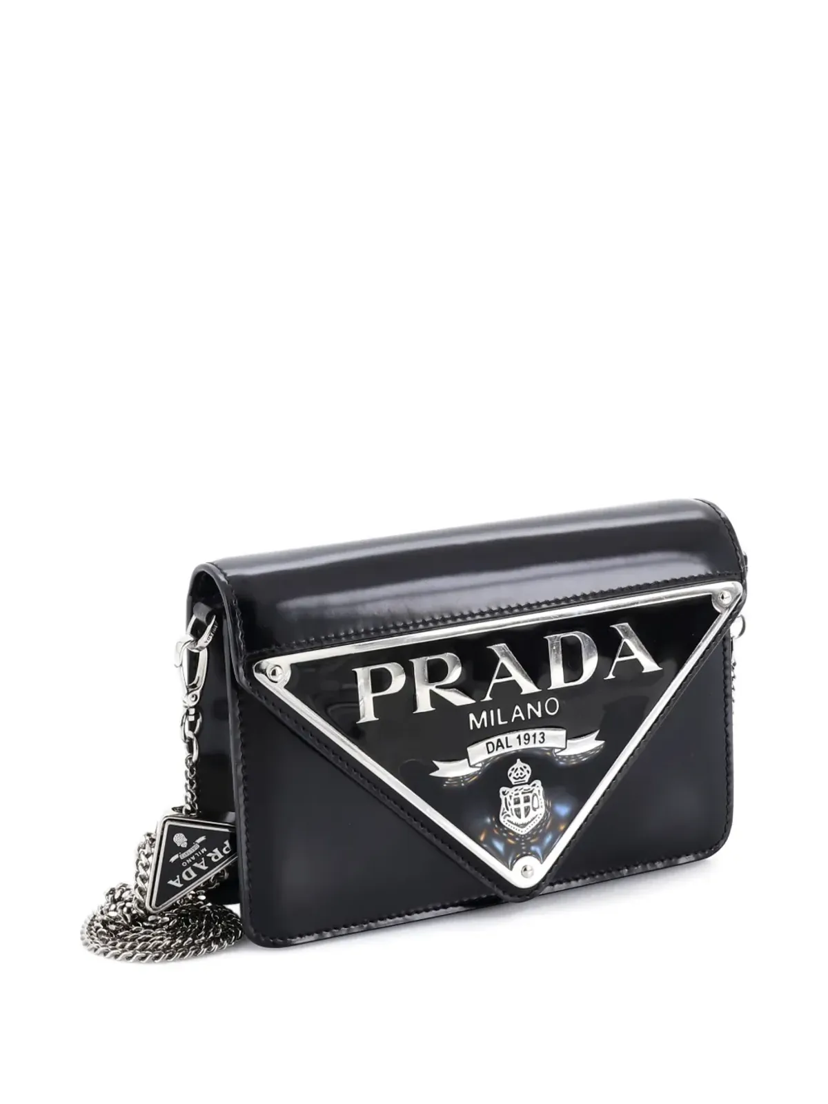 Prada ビンテージ マキシ トライアングル ロゴ チェーン付きフラップバッグ ブラッシュドレザー 小さめクロスボディバッグ ブラック - 画像3