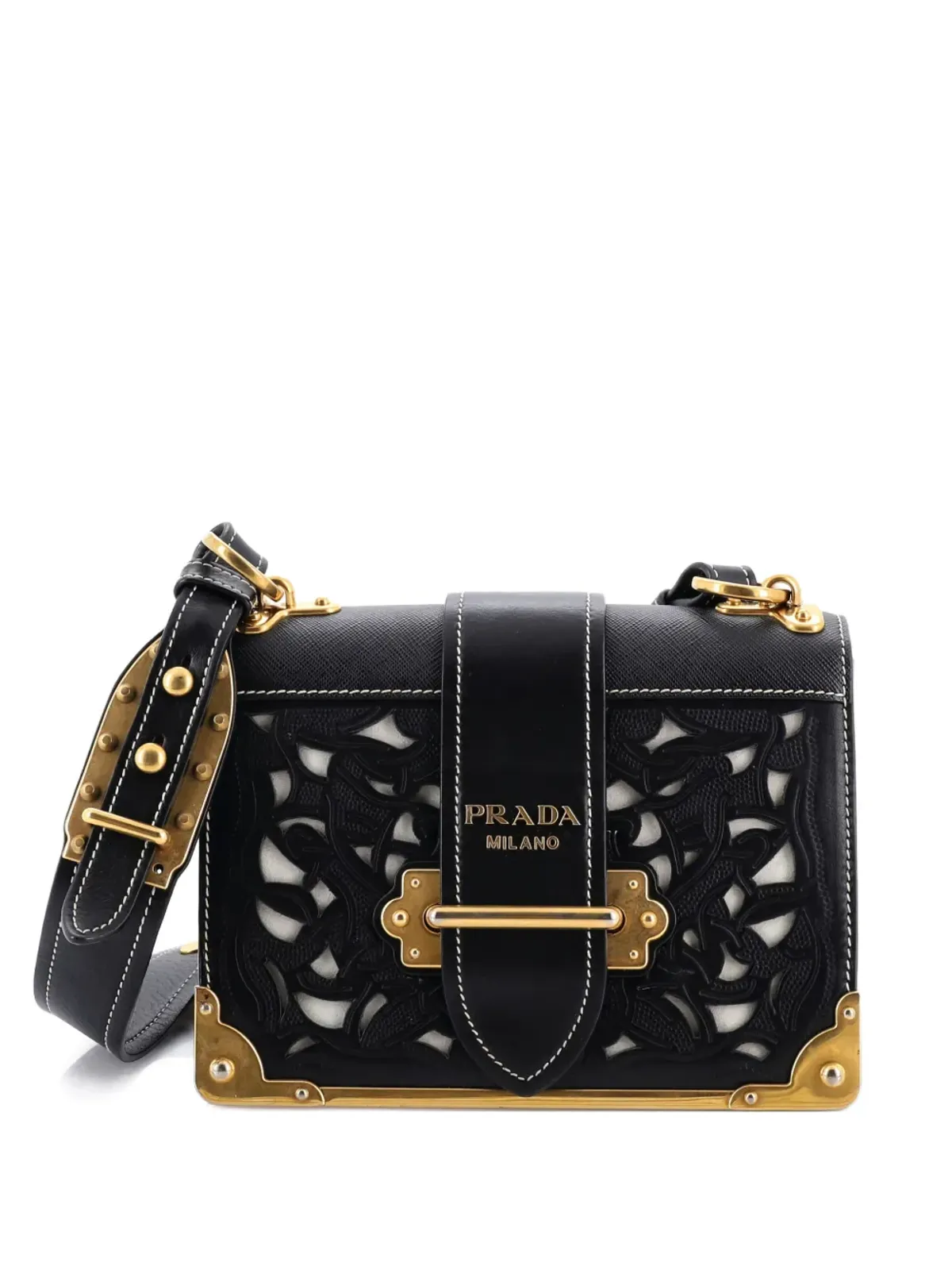 Prada Cahier スタッズ付き レザー レーザーカット クロスボディバッグ（小さめ）- ブラック - 画像1